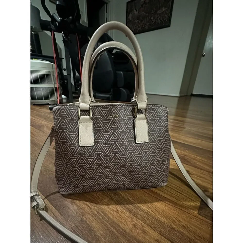 Aldo Patterned Taupe Satchel with Cream Trim